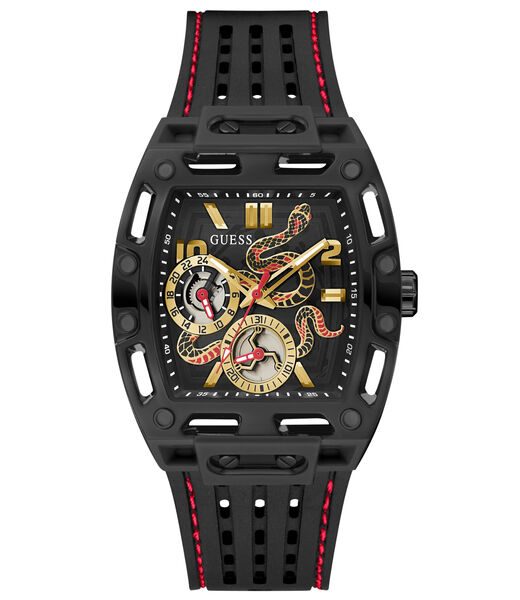 guess blk cs transparent black mf cut thru dial w snake detail blk silicone strp w red stitch